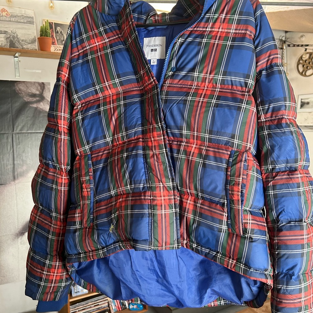 JW Anderson x Uniqlo, plaid puffer, blue,red